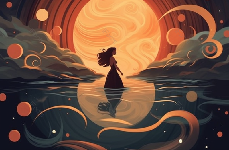 长发长裙女人在水中倒影翩翩起舞凝望远方美丽星空满月背景,插画/手绘图,插画/手绘图库,插画/手绘图下载,插画/手绘